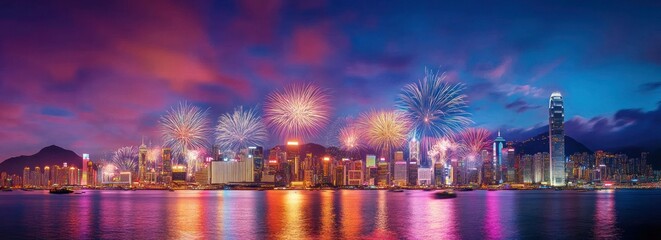 Nighttime Firework Spectacle in Hong Kong: Stunning Panoramic Skyline View with Vibrant Colors and Sharp Detail