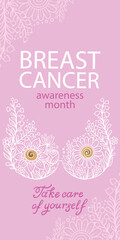 Hand drawn vector illustration. Floral lace bra and text breast cancer awareness month. Banner background, medical symbol in October