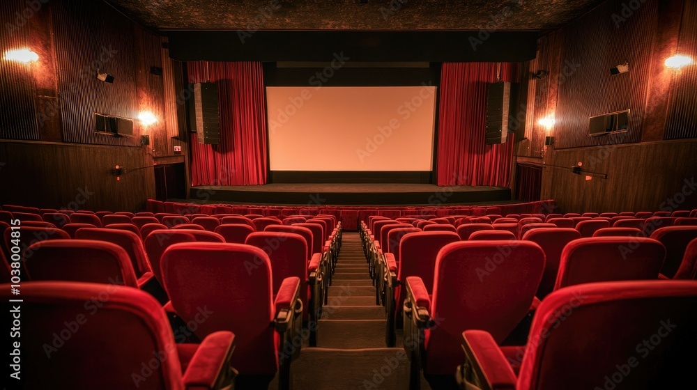 Poster a wide auditorium showing empty rows of plush seats and a blank stage screen ready for projection.