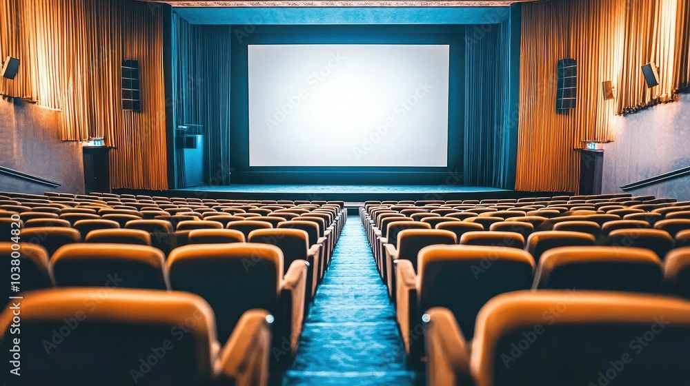 Poster a wide auditorium showing empty rows of plush seats and a blank stage screen ready for projection.