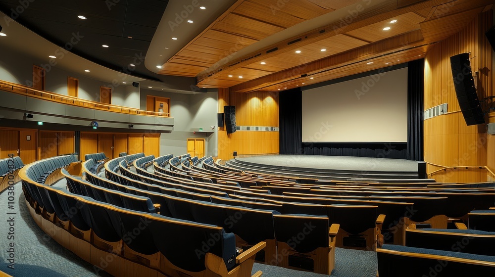 Poster a wide auditorium showing empty rows of plush seats and a blank stage screen ready for projection.