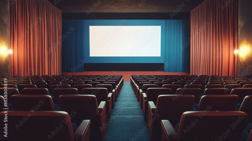 Poster a wide auditorium showing empty rows of plush seats and a blank stage screen ready for projection.