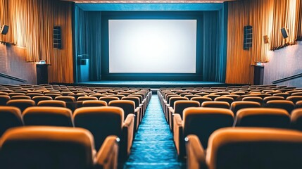 Fototapeta premium A wide auditorium showing empty rows of plush seats and a blank stage screen ready for projection.