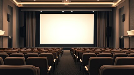 Fototapeta premium A wide view of an auditorium setup with multiple rows of plush chairs facing a blank stage screen.