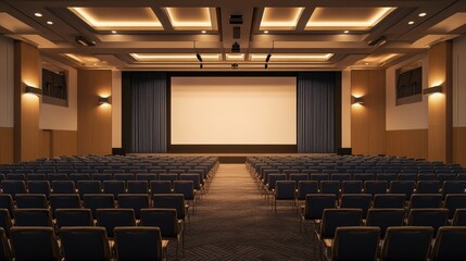 Naklejka premium A wide view of an auditorium setup with multiple rows of plush chairs facing a blank stage screen.