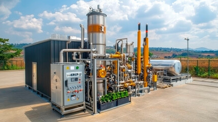 Obraz premium A modern industrial facility showcasing various pipes, tanks, and equipment against a scenic landscape and cloudy sky.