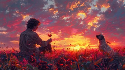 A man enjoys the sunset in a berry field with a glass of wine and his dog.