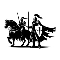 Silhouette of knight Warrior with Shield and Spear in Minimalist Black and White. Knight warrior  © PixelSaga MH2