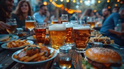 Close-up shot of a group of friends having fun together while eating chicken nuggets, fries, hamburgers, pizza and alcoholic drinks at a creative AI event venue