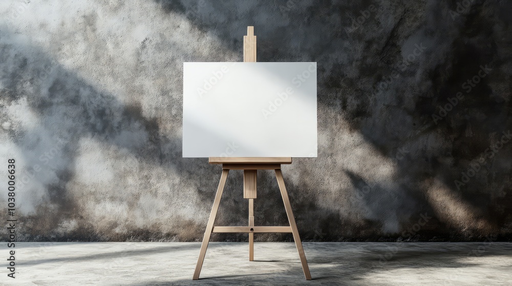 Poster blank canvas on easel: a pristine white canvas, set against a backdrop of textured concrete, stands 