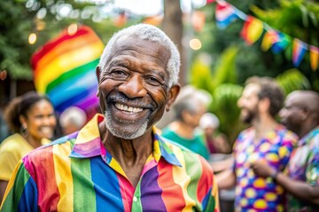 Obraz premium A man in a rainbow shirt is smiling and looking at the camera