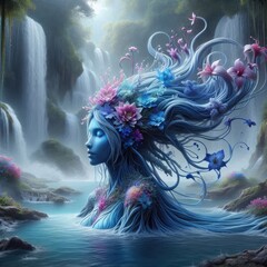 Serene Water Spirit: A Blue-Skinned Ethereal Goddess Emerging from Tranquil Waters, Adorned with Vibrant Flowers Amidst Cascading Waterfalls in a Magical, Dreamlike Fantasy Realm