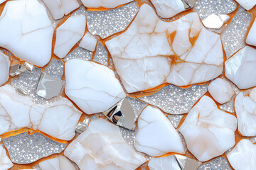 A seamless mosaic pattern featuring white marble-like textures and shimmering silver elements, creating a luxurious and elegant background with a polished and refined appearance, perfect for decorativ