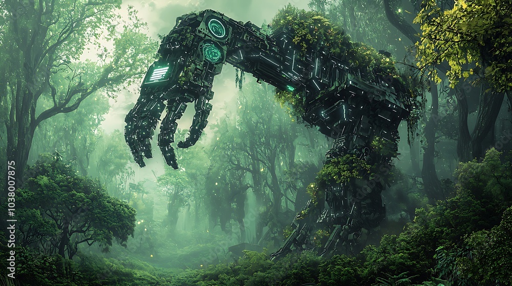 Poster The intriguing encounter a striking contrast between nature's resilience and technology's imposing presence in a verdant forest setting