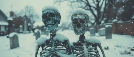 Two skeletons covered in snow. AI.