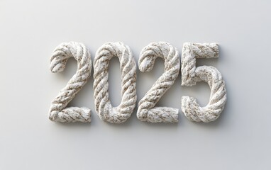 3D text "2025" with rope texture realistic modern design, soft lighting, white background