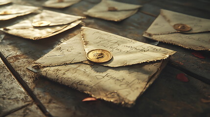 Aesthetic vintage envelopes artfully arranged on a rustic wooden table creating a nostalgic atmosphere of written correspondence