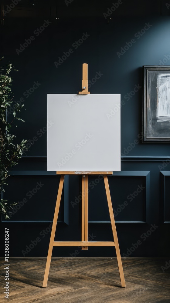Poster a blank canvas mockup on an easel set against a backdrop of green plants is perfect for art related 