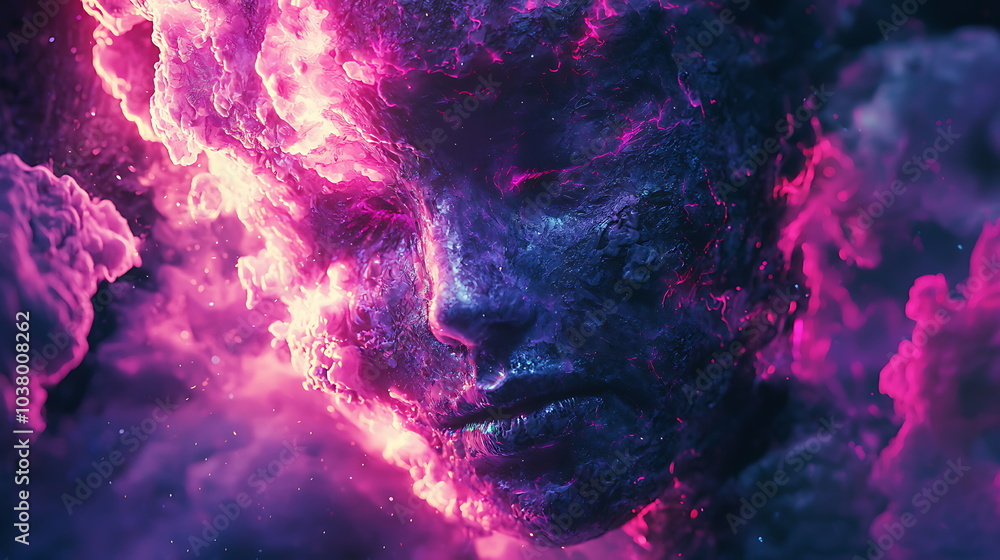 Poster surreal cosmic dreamscape a blending of ethereal faces and vibrant celestial colors within textured 