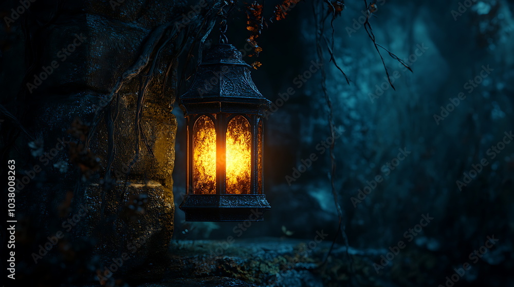 Poster enchanting glow a traditional lantern illuminating a mysterious forest at dusk evoking warmth and se