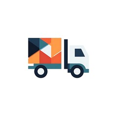 A stylized illustration of a delivery truck with geometric shapes on its cargo area.