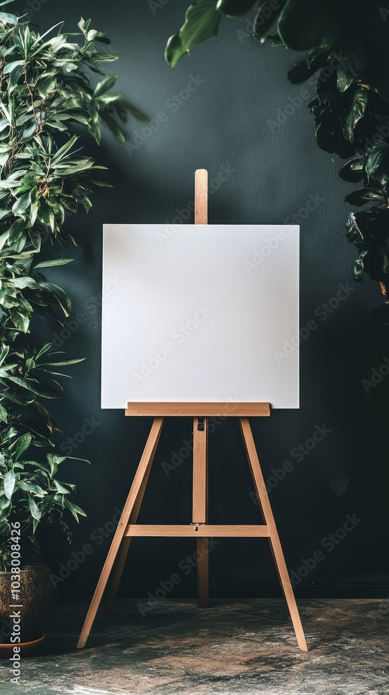 Poster a blank canvas mockup on an easel set against a backdrop of green plants is perfect for art related 