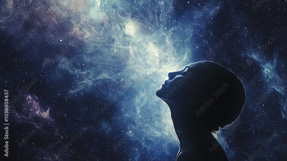 Poster a profound silhouette contemplating the infinite universe exploring cosmic connections and human exi