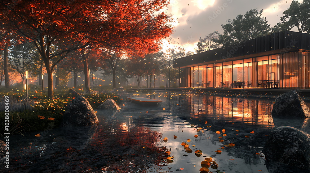 Poster tranquil autumn scene featuring modern architecture amidst vibrant fall foliage and reflective water
