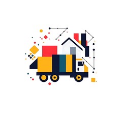 Fototapeta premium A stylized truck transporting colorful boxes near a house, symbolizing delivery or moving.