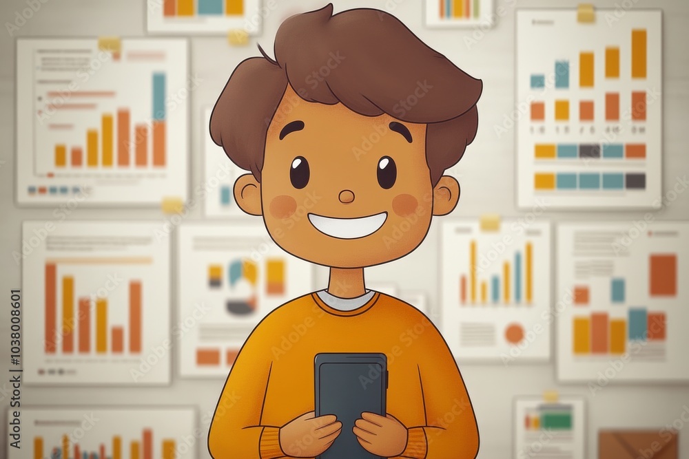 Poster smiling cartoon boy with tablet in data analysis setting