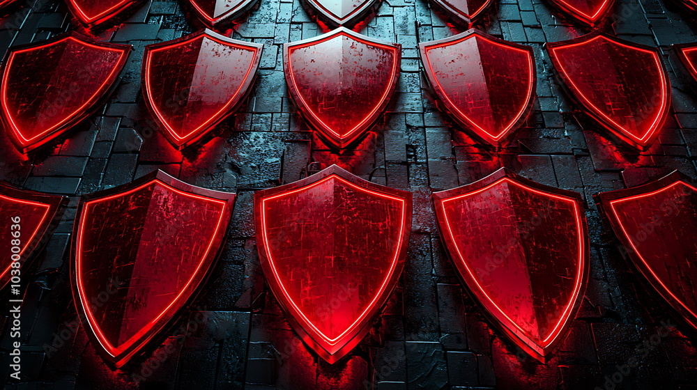 Aufkleber striking red neon shields aligned against a dark textured background creating a bold visual impact a