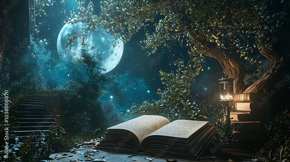 Poster enchanting moonlit night an open book illuminated by the gentle glow of the moon among whispering tr