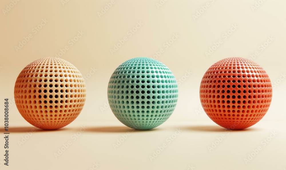 Poster three colorful spheres with a patterned surface. ai.
