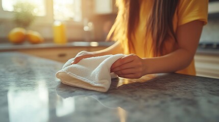 Obraz premium Woman wiping down kitchen surfaces with a rag showcasing home cleanliness and care