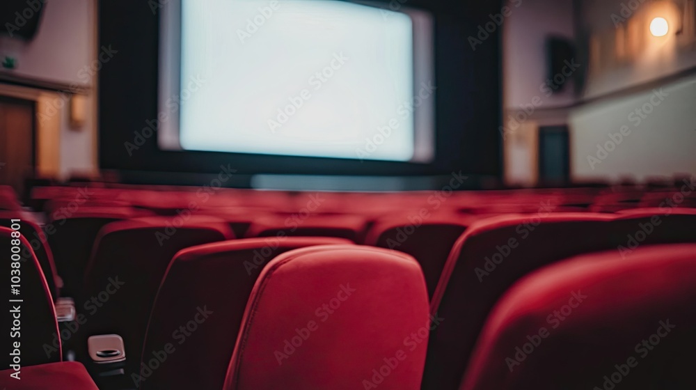 Aufkleber an empty auditorium with a row of red seats in focus, a large white projection screen in the distanc