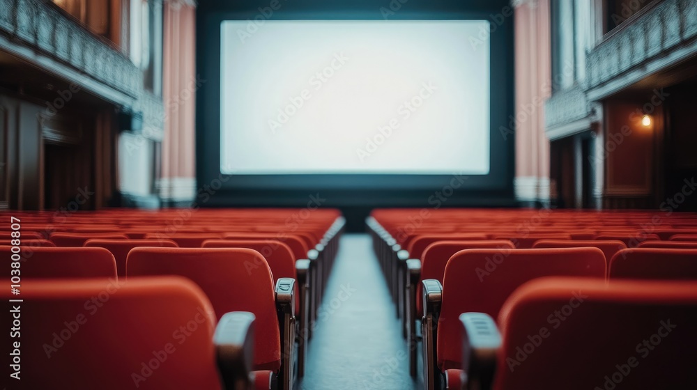 Poster an empty auditorium with a row of red seats in focus, a large white projection screen in the distanc
