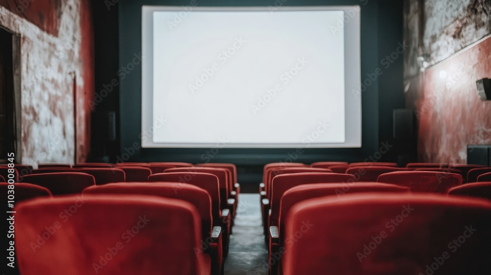 Poster an empty auditorium with a row of red seats in focus, a large white projection screen in the distanc