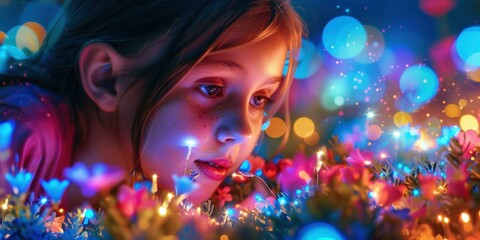 A young girl looks at a cluster of glowing flowers. AI.