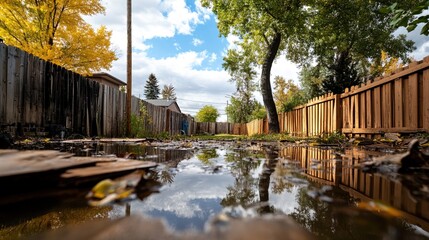 Fototapeta premium Backyard with standing water reflecting the surrounding trees and sky, capturing the serene beauty of nature's reflection and the tranquility of a still moment.