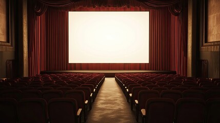 Obraz premium An empty theater setup with multiple rows of seats leading to a blank white screen on stage.