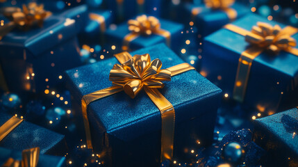 Festive blue gifts wrapped with golden bows and shimmering decorations