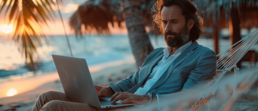 Man working on a laptop while relaxing in a hammock. AI.