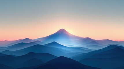 A mountain range at sunrise with a peak rising above the rest. AI.