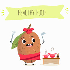 Cute sapodilla characters, funny fruits, different activities. Flat vector illustration. Organic food, healthy food, illustrations for kids menu, invitations.