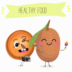 Cute sapodilla characters, funny fruits, different activities. Flat vector illustration. Organic food, healthy food, illustrations for kids menu, invitations.