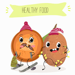 Cute sapodilla characters, funny fruits, different activities. Flat vector illustration. Organic food, healthy food, illustrations for kids menu, invitations.