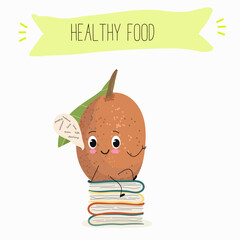 Cute sapodilla characters, funny fruits, different activities. Flat vector illustration. Organic food, healthy food, illustrations for kids menu, invitations.