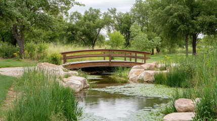 Fototapeta premium Scenic Bridge Over Serene Stream in Green Park