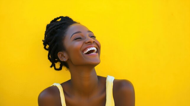 A joyful woman laughing against a vibrant yellow background, exuding happiness and positivity.