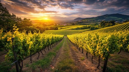 Fototapeta premium Beautiful Sunrise Over Lush Vineyard Landscape